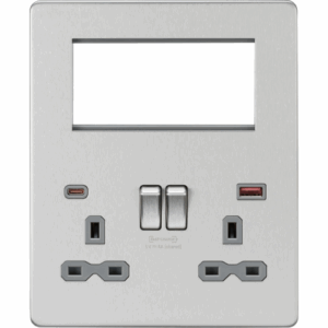 Knightsbridge Small Multi Combo Plate + Dual USB A+C 12V DC 1.5A (Max. 18W) Brushed Chrome w/Grey Insert