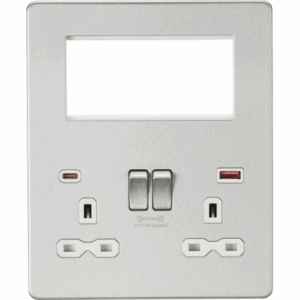Knightsbridge Small Multi Combo Plate + Dual USB A+C 12V DC 1.5A (Max. 18W) Brushed Chrome w/White Insert