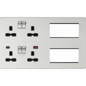 Knightsbridge Multi Combo Plate + Dual USB A+C 12V DC 1.5A (Max. 18W) Brushed Chrome w/Black Insert