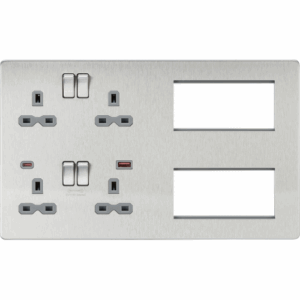 Knightsbridge Multi Combo Plate + Dual USB A+C 12V DC 1.5A (Max. 18W) Brushed Chrome w/Grey Insert