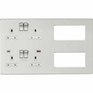 Knightsbridge Multi Combo Plate + Dual USB A+C 12V DC 1.5A (Max. 18W) Brushed Chrome w/White Insert