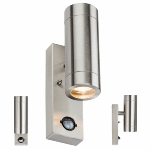 Knightsbridge 230V IP44 2 X GU10 Stainless Steel Up/Down Wall Light with Pir