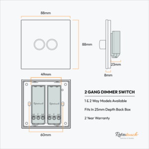 Retrotouch Aura Double Dimmer Switch - Brushed Brass With Black Knobs