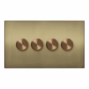 Retrotouch Aura Quadruple Dimmer Switch - Brushed Brass With Bronze Knobs