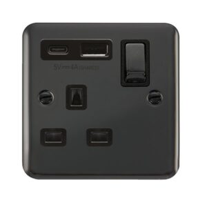 Click Deco Plus Ingot 13A 1 Gang Switched Safety Shutter Socket Outlet With Type A & C Usb (4A) Outlets Black Nickel Black Inserts