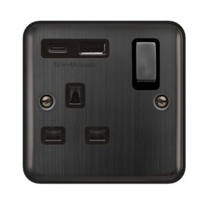 Click Deco Plus 13A Ingot 1 Gang Switched Socket Outlet With Type A & C Usb (4A) Outlets Matt Bronze Black Insert