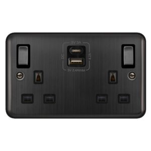 Click Deco Plus 13A Ingot 2 Gang Switched Socket Outlet With Type A & C Usb (4.2A) Outlets Matt Bronze Black Insert
