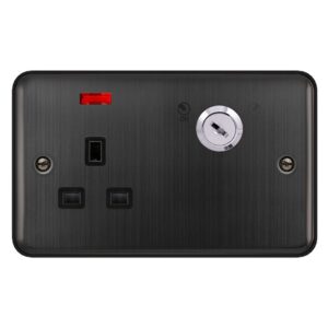 Click Deco Plus 13A Ingot 1 Gang Double Pole Key Lockable Switched Socket With Neon (Double Plate) Matt Bronze Black Insert
