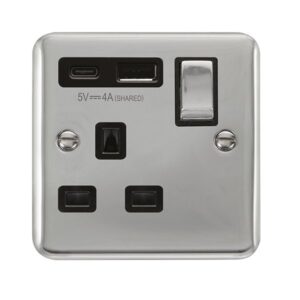 Click Deco Plus Ingot 13A 1 Gang Switched Safety Shutter Socket Outlet With Type A & C Usb (4A) Outlets Polished Chrome Black Inserts