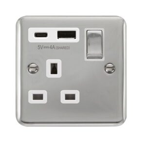 Click Deco Plus Ingot 13A 1 Gang Switched Safety Shutter Socket Outlet With Type A & C Usb (4A) Outlets Polished Chrome White Inserts