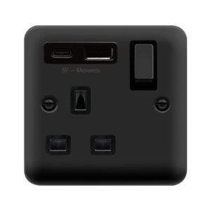 Click Deco Plus Ingot 13A 1 Gang Switched Safety Shutter Socket Outlet With Type A & C Usb (4A) Outlets Metal Black Black Inserts