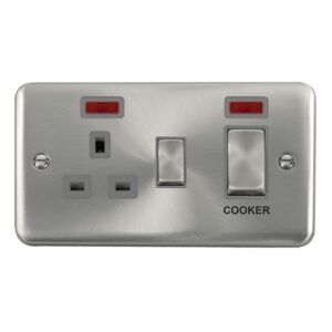 Click Deco Plus 50A Ingot 2 Gang Double Pole Switch With 13A Double Pole Switched Socket Outlet & Neons