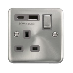 Click Deco Plus Ingot 13A 1 Gang Switched Safety Shutter Socket Outlet With Type A & C Usb (4A) Outlets Satin Chrome White Inserts