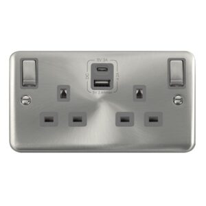 Click Deco Plus 13A Ingot 2 Gang Switched Safety Shutter Socket Outlet With Type A & C Usb (4.2A) Outlets