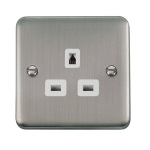 Click Deco Plus 13A 1 Gang 3 Pin Safety Shutter Unswitched Socket Outlet Stainless Steel White Insert