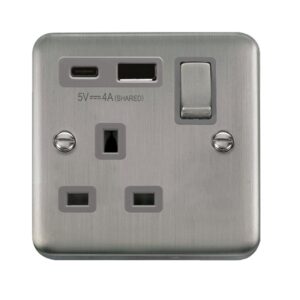 Click Deco Plus Ingot 13A 1 Gang Switched Safety Shutter Socket Outlet With Type A & C Usb (4A) Outlets Stainless Steel Grey Inserts