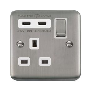 Click Deco Plus Ingot 13A 1 Gang Switched Safety Shutter Socket Outlet With Type A & C Usb (4A) Outlets Stainless Steel White Inserts
