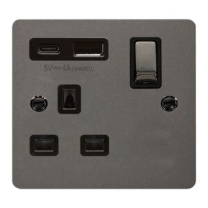 Click Define Define Ingot 13A 1 Gang Switched Safety Shutter Socket Outlet With Type A & C Usb (4A) Outlets Black Nickel Black Inserts