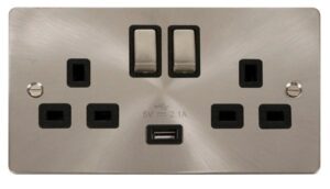 Click Define Brushed Stainless Steel 13A 2G Ingot Switched Socket With 2.1A Usb Outlet Black
