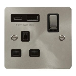 Click Define Define Ingot 13A 1 Gang Switched Safety Shutter Socket Outlet With Type A & C Usb (4A) Outlets Brushed Stainless Black Inserts
