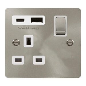 Click Define Define Ingot 13A 1 Gang Switched Safety Shutter Socket Outlet With Type A & C Usb (4A) Outlets Brushed Stainless White Inserts