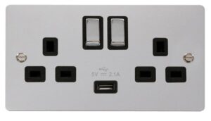 Click Define Polished Chrome 13A 2G Ingot Switched Socket With 2.1A Usb Outlet Black