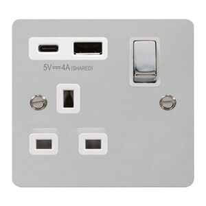 Click Define Define Ingot 13A 1 Gang Switched Safety Shutter Socket Outlet With Type A & C Usb (4A) Outlets Polished Chrome White Inserts