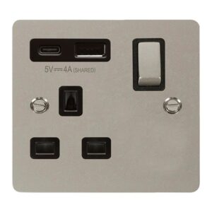 Click Define Define Ingot 13A 1 Gang Switched Safety Shutter Socket Outlet With Type A & C Usb (4A) Outlets Pearl Nickel Black Inserts