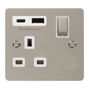 Click Define Define Ingot 13A 1 Gang Switched Safety Shutter Socket Outlet With Type A & C Usb (4A) Outlets Pearl Nickel White Inserts