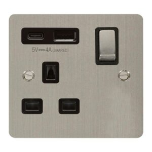 Click Define Define Ingot 13A 1 Gang Switched Safety Shutter Socket Outlet With Type A & C Usb (4A) Outlets Stainless Steel Black Inserts