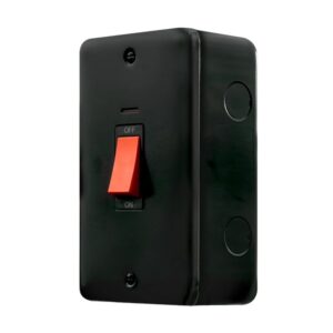 Click Metal Clad Pro 50A 2 Gang (Vertical) Double Pole Plate Switch With Red Rocker & Led Black