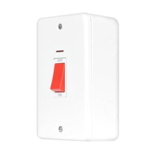 Click Metal Clad Pro 50A 2 Gang (Vertical) Double Pole Plate Switch With Red Rocker & Led Polar White