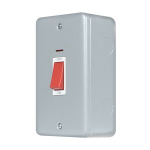 Click Metal Clad Pro 50A 2 Gang (Vertical) Double Pole Plate Switch With Red Rocker & Led