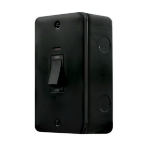 Click Metal Clad Pro 50A 2 Gang (Vertical) Double Pole Plate Switch With White Rocker & Led Black
