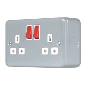 Click Metal Clad Pro 13A 2 Gang Double Pole Safety Shutter Switched Socket Outlet Red Rockers