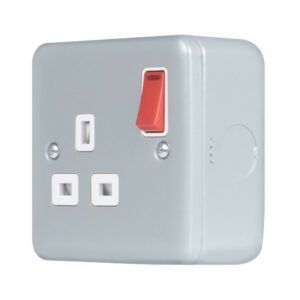 Click Metal Clad Pro 13A 1 Gang Double Pole Safety Shutter Switched Socket Outlet With Led Indication Red Rocker