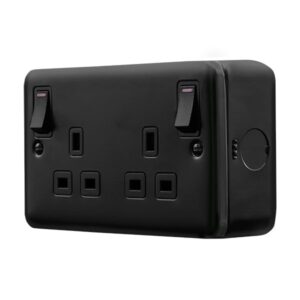 Click Metal Clad Pro 13A 2 Gang Double Pole Safety Shutter Outboard Switched Socket Outlet With Led Indication Black