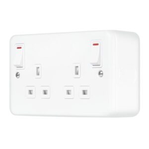 Click Metal Clad Pro 13A 2 Gang Double Pole Safety Shutter Outboard Switched Socket Outlet With Led Indication Polar White