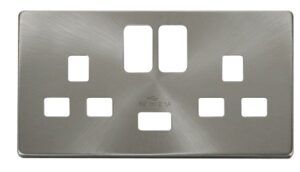 Click Definity 13A 2G Switched Socket With 2.1A Usb Charger Cover Plate Brushed Stainless