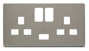 Click Definity 13A 2G Switched Socket With 2.1A Usb Charger Cover Plate Stainless Steel