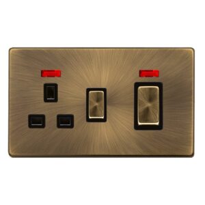 Click Definity Complete 50A Ingot Double Pole Switch With 13A Double Pole Switched Socket & Neon Antique Brass Cover Plate Black Insert
