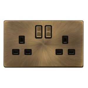Click Definity Complete 13A Ingot 2 Gang Dp Switched Socket Antique Brass Cover Plate Black Insert