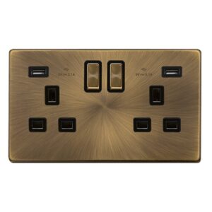 Click Definity Complete 13A Ingot 2 Gang Switched Socket With 2.1A Usb Outlets Antique Brass Cover Plate Black Insert