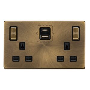 Click Definity Complete 13A Ingot 2 Gang Switched Safety Shutter Socket With Type A & C Usb Antique Brass Cover Plate Black Insert