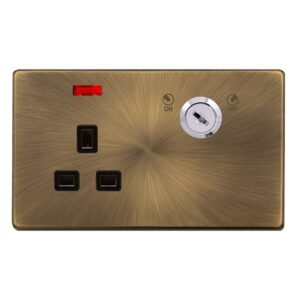 Click Definity Complete 13A 1 Gang Double Pole Key Lockable Socket With Neon Antique Brass Cover Plate Black Insert