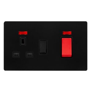 Click Definity Complete 50A Double Pole Switch With 13A Double Pole Switched Socket & Neon Matt Black Cover Plate Black Insert