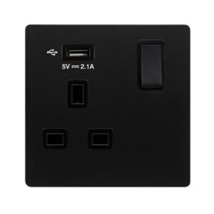 Click Definity Complete 13A Ingot 1 Gang Switched Socket With 2.1A Usb Outlet Matt Black Cover Plate Black Insert