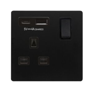 Click Definity Complete Definity Non Ingot 13A 1 Gang Switched Safety Shutter Socket Outlet With Type A & C Usb (4A) Outlets Matt Black Black Inserts