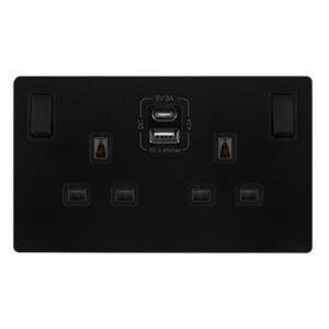 Click Definity Complete 13A Ingot 2 Gang Switched Safety Shutter Socket With Type A & C Usb Matt Black Cover Plate Black Insert