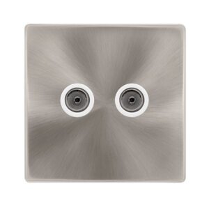 Click Definity Complete Twin Non-Isolated Coaxial Outlet Brushed Steel Cover Plate Polar White Insert